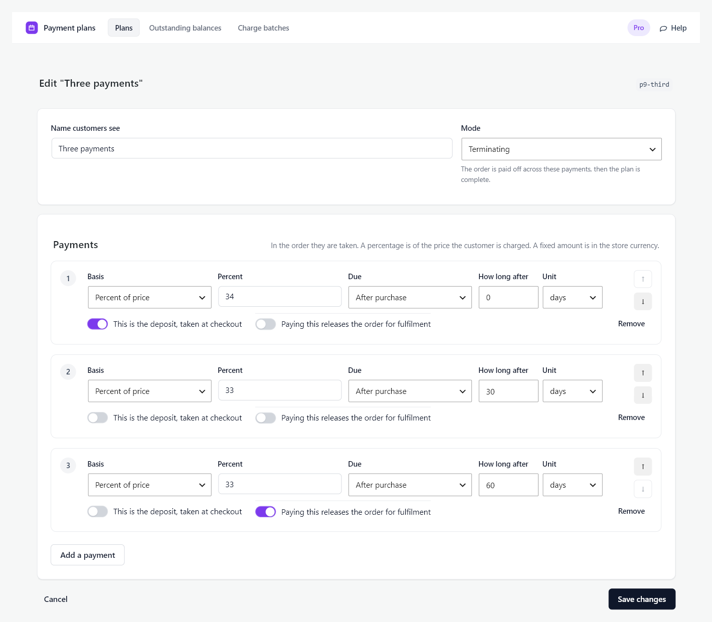 The plan builder editing a three payment plan, each row showing its basis, percentage, due rule and toggles