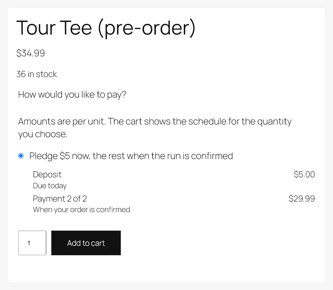A product page offering one plan under the price, with Deposit due today and Payment 2 of 2 reading When your order is confirmed