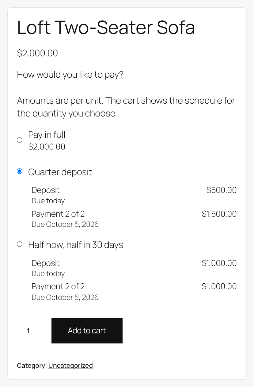 A product page showing Pay in full and two payment plans under the price, each with its own schedule