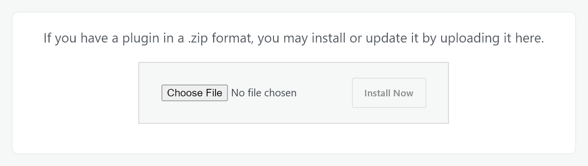 The WordPress Upload Plugin screen with the file chooser and the Install Now button
