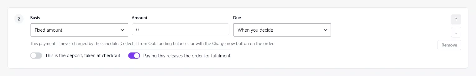 One payment row in the plan builder with Due set to When you decide, the help line beneath it saying the payment is never charged by the schedule, and no date fields